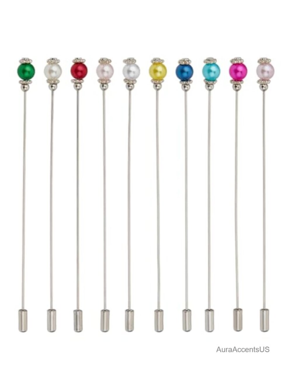 10pc Imitation Pearl Hat Pins Brass Brooch Pins 4.84in Long